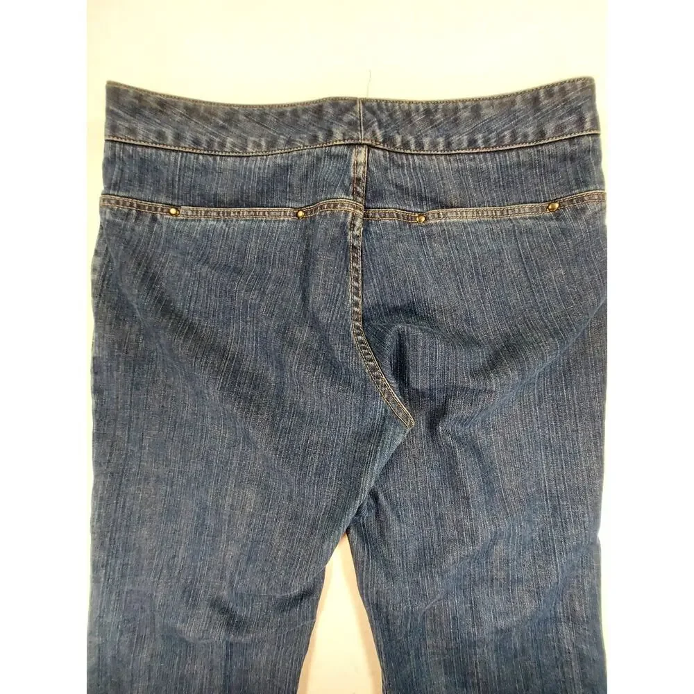 Tahari Women's Dark Wash Wide Leg Denim Trouser Jeans Boho Flare Size 34 Waist
